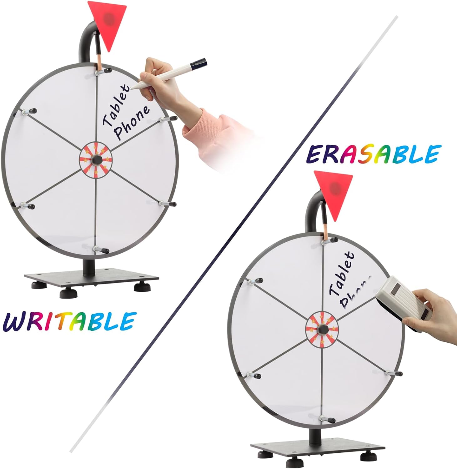 12 Inch Heavy Duty Prize Spinning Wheel with Iron Base Stand, 6 Blank Slots White Tabletop Spin Wheel Spinner with Dry Erase Markers and Eraser for Carnival Trade Show Game