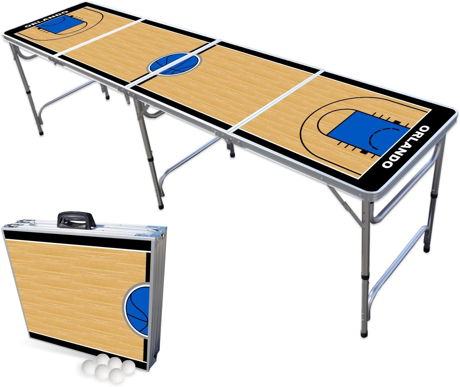 8-Foot Folding Portable Pong Table w/Optional Cup Holes & LED Lights - Orlando Basketball Court (Choose Your Model)