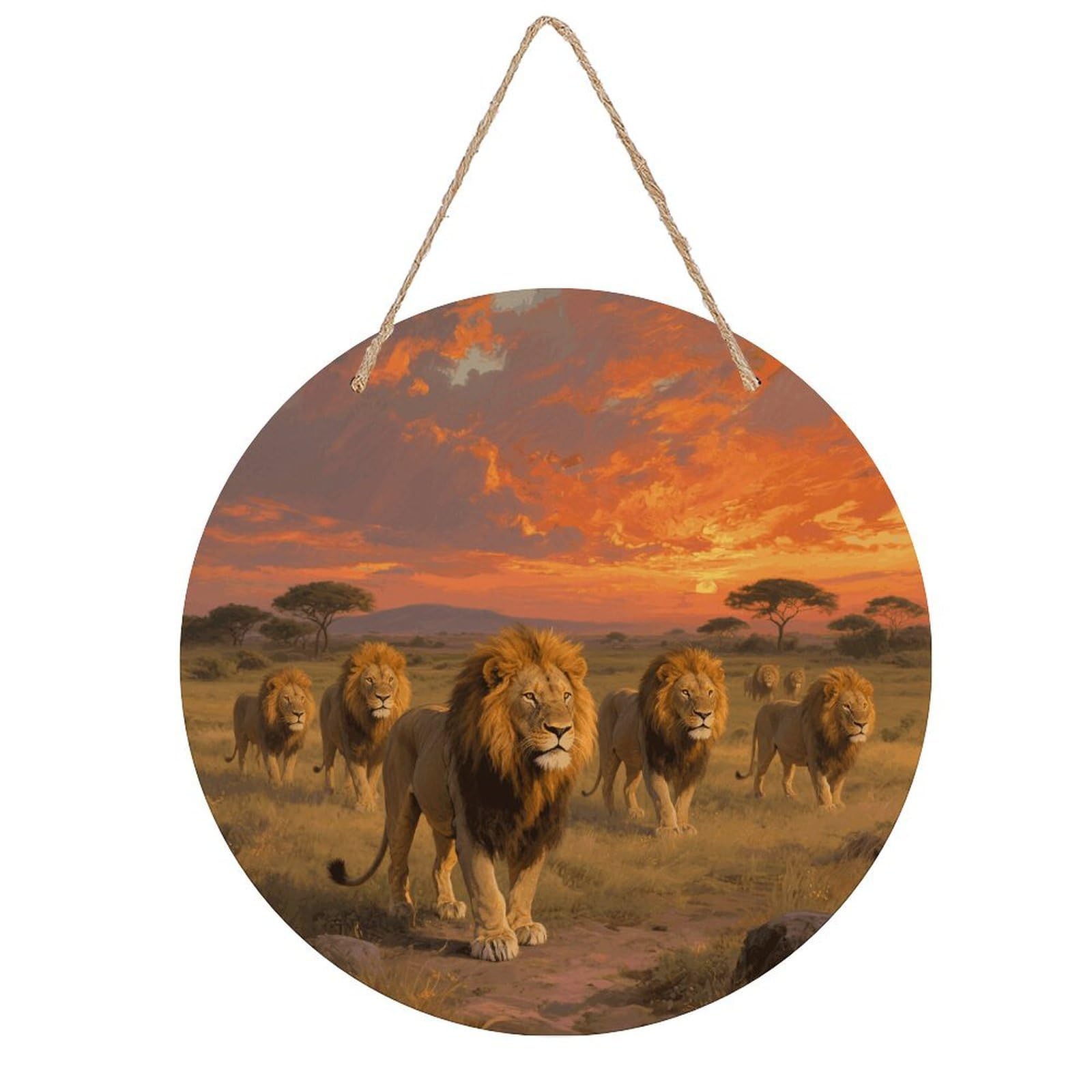 VstaDank Lion Wall Decor Round Wood Hanging Sign 7.9x7.9 in Wooden Circle Door Hanger with Ropes, Rustic Wall Art Decor for Home Front Door Indoor Outdoor Decoration