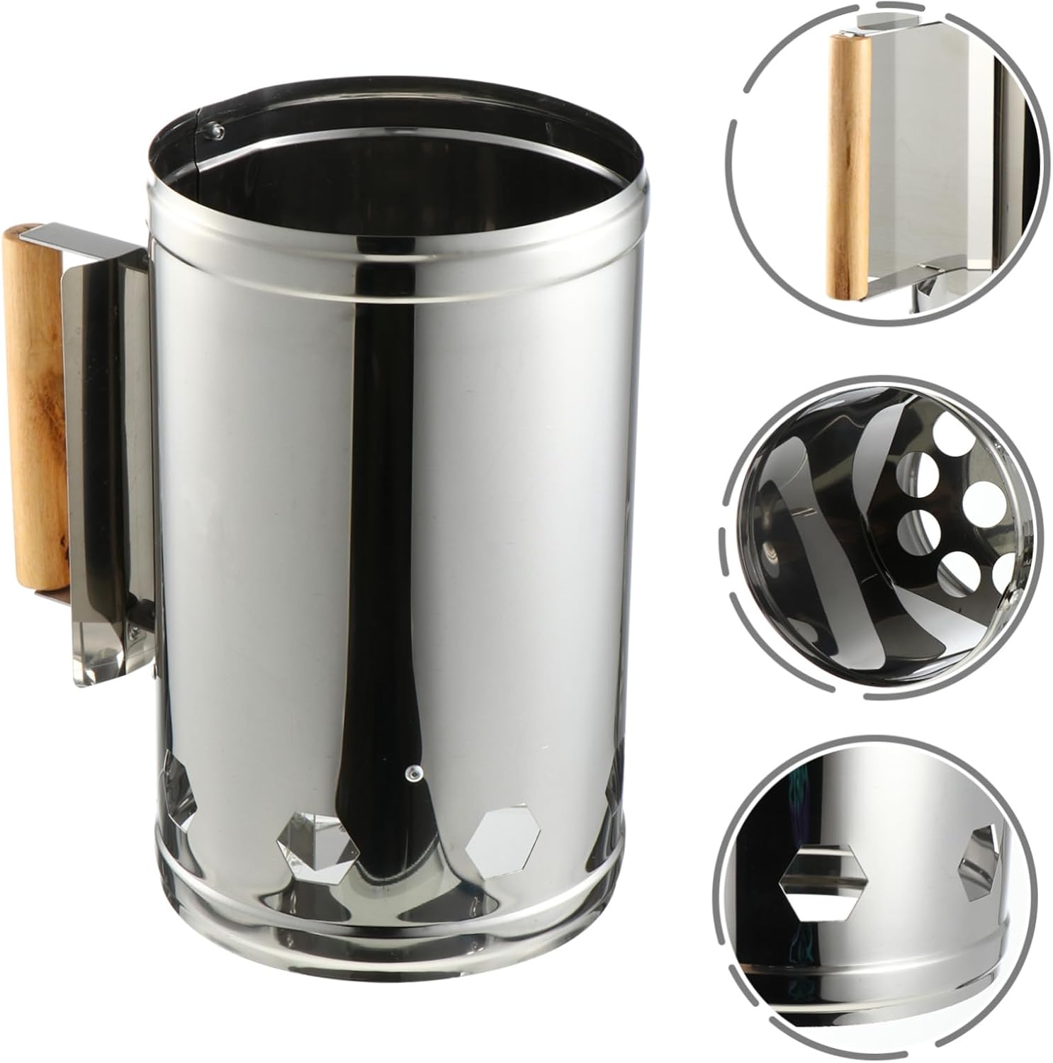 Outdoor Charcoal Chimney Starter Barrel with Heat-Resistant Wooden Handle BBQ Fire Starter for Quick Ignition Suitable for Grilling Camping Tailgate and Outdoor Cooking