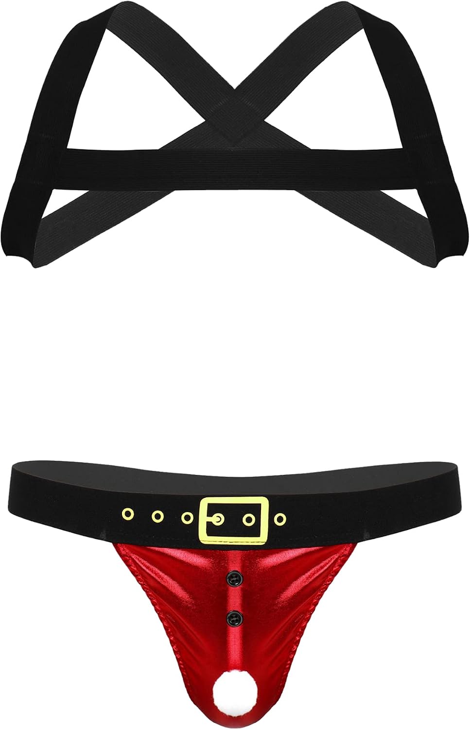 Lejafay Men's Sexy Christmas Two Piece Outfits Half Body Chest Harness Jockstrap Nylon Lingerie Set