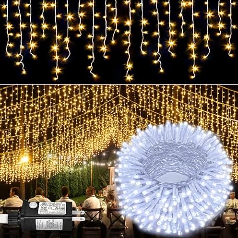 Nielfoi 33 FT 400 LED Warm White Icicle Lights Outdoor & 66 FT 200 LED Cold White Christmas Lights Cover