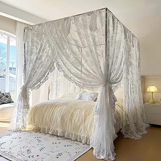Elegant Lace Princess 4-Poster Bed Canopy Romantic Mosquito Net for Wedd...