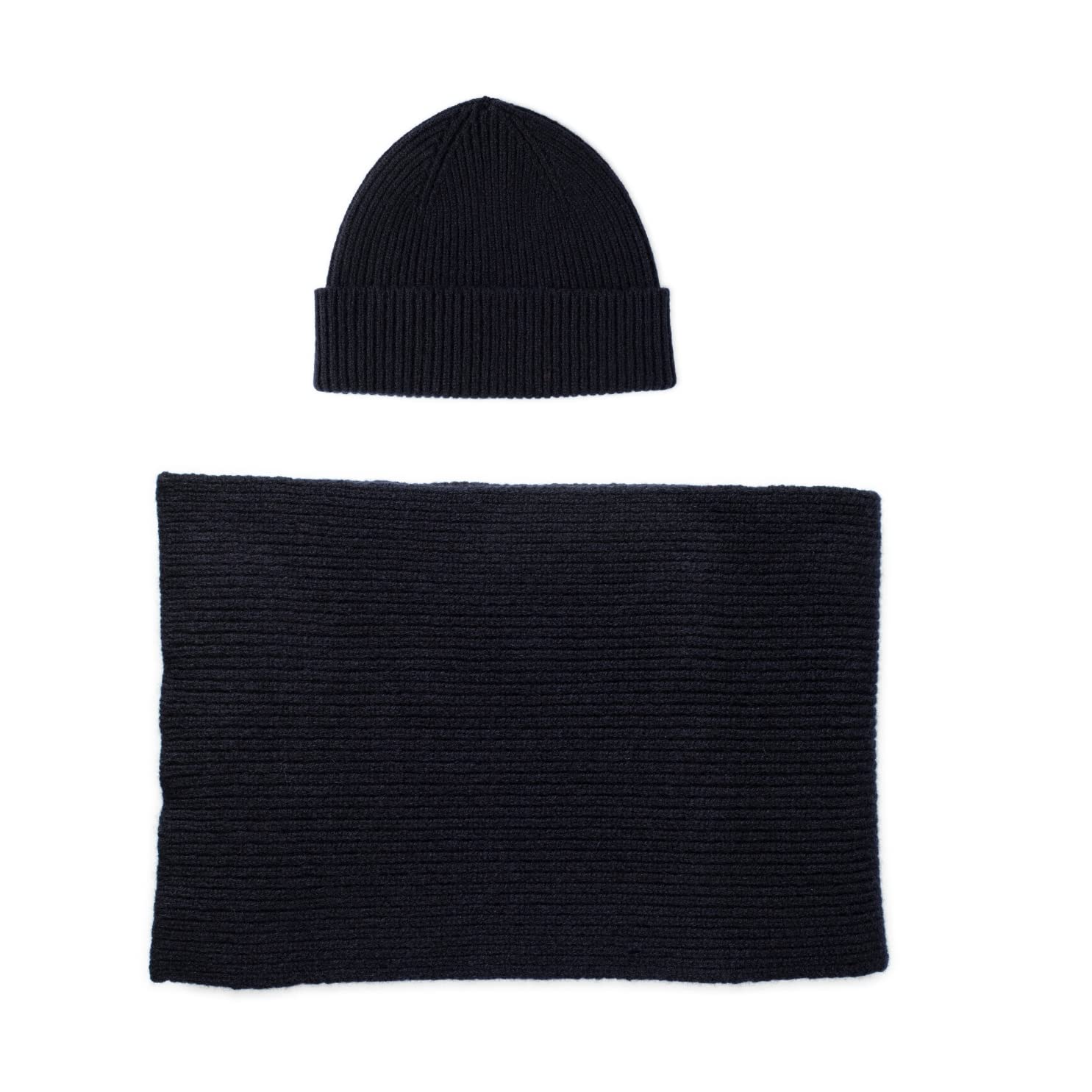 The Cashmere Choice Beanie Hat Scarf Set Rib - Lomond Lambswool - Clyde - Chunky Knit (Navy)