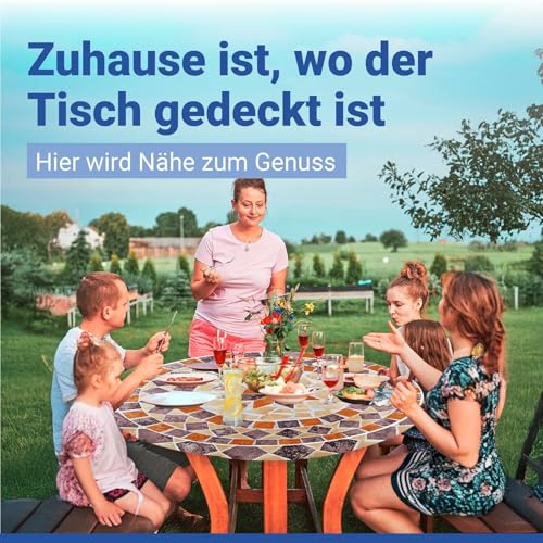 Maximex Spann-Tischdecke rund Ø 70-86 cm, mediterranes Motiv, abwischbare Gartentischdecke mit Gummizug, wetterfest, UV-beständig, für Garten, Balkon und Camping, Kunststoff