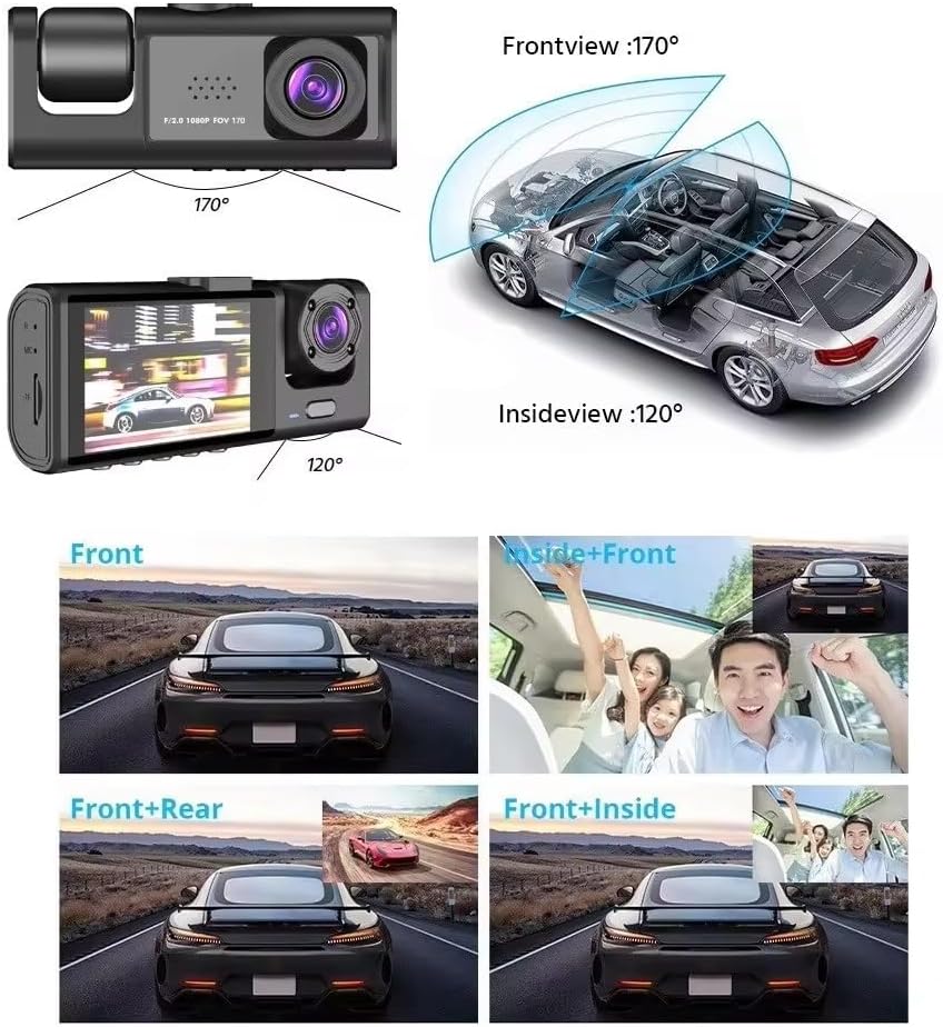 Diagram showing front, inside, and rear camera views, and how they combine on the dash cam screen.