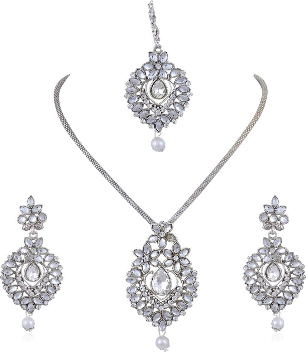 Darsha CollectionsSilver Plated Pendant Set, Earrings & Maang Tikka for Women