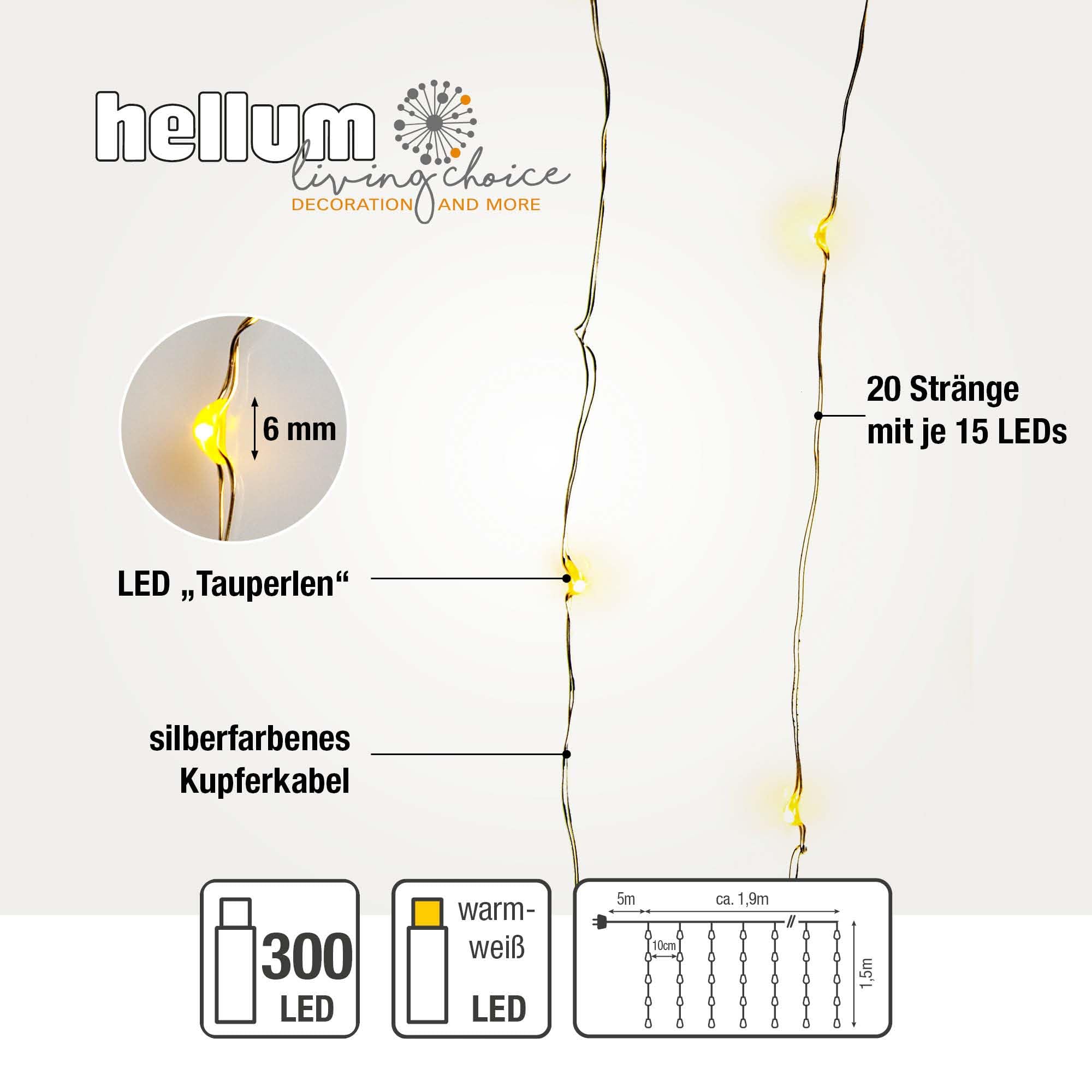 hellum LED Lichtervorhang innen mit 20 Strängen und 300 LEDs in Tauperlenform, beleuchtet 1,90m x 1,50m mit Timer, warmweiß, Lichtervorhang für außen, Weihnachtsbeleuchtung, <59 Lumen 152951