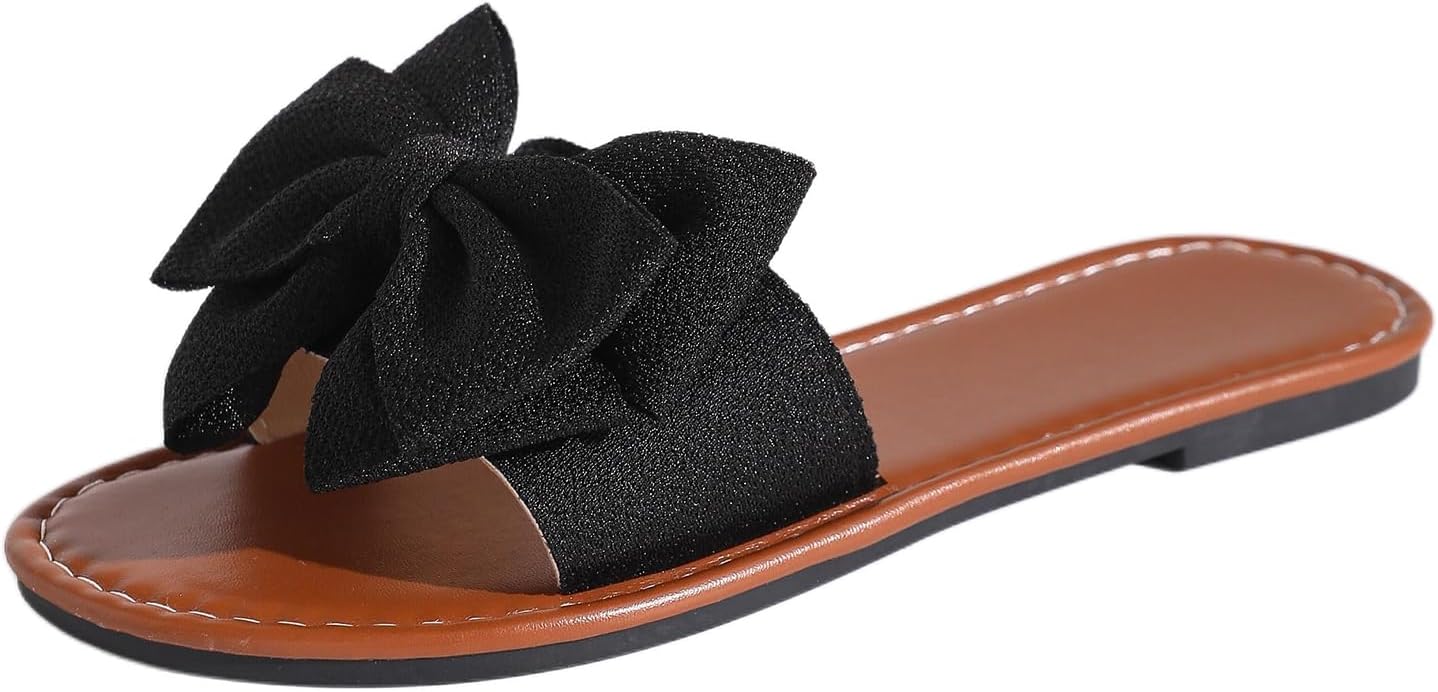 Women's Round Toe Bow Flat Sandals, Soft Slides Open-Toe Summer Slippers - Image 4