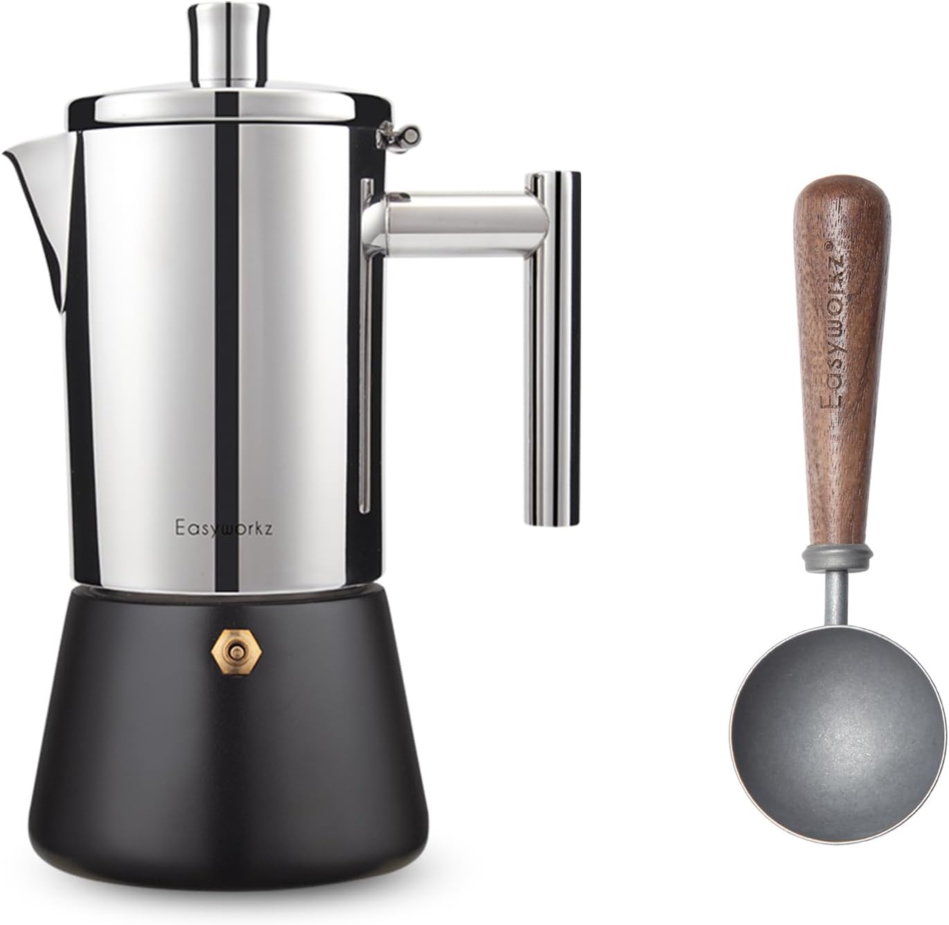 Easyworkz Diego Stovetop Espresso Maker Stainless Steel 4Cup 6.8 oz Induction Moka Pot, Bundled with Retro Stainless Steel Coffee Spoon With Black Walnut Handle,10g - Measuring Spoon (Vintage)
