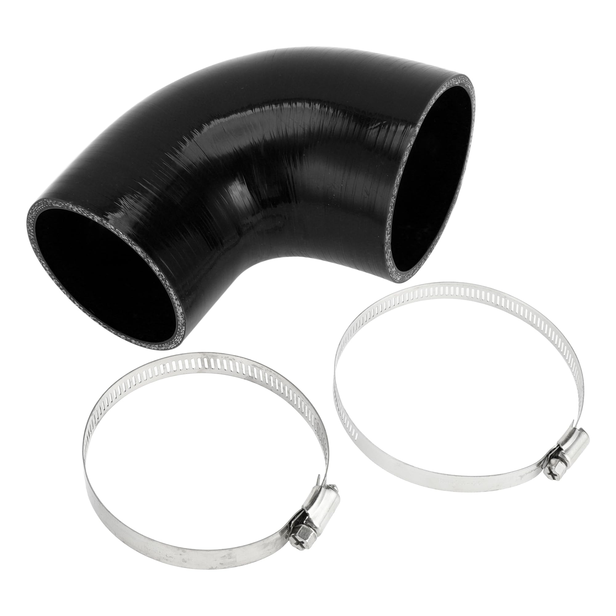 A ABSOPRO Tubo Refrigerante in Silicone Nero 1 Set Per Auto Universale | Dimensioni: 80-90mm ID, 102mm Lunghezza, 90°, Spessore 5mm. Include 2 Morsetti. Per Olio Motore, Liquido Freni, Antigelo.
