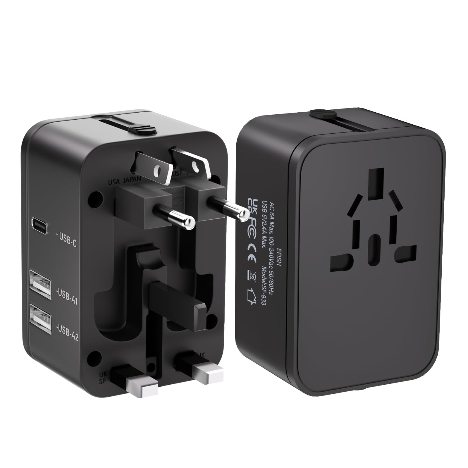 Travel Adapter with 2 USB A+1 USB C,Universal All in One Worldwide Travel Adapter,Power Converters Wall Charger,AC Power Plug Adapter,International Power Adapter for USA EU UK AUS Black-image-43