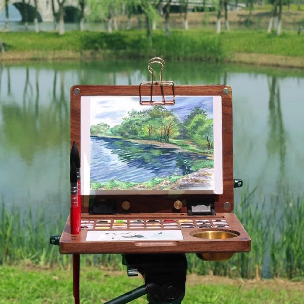 Paleta de acuarela portátil de madera de nogal negro de 27 rejillas, bandeja de pintura de viaje plegable con área de mezcla y recipiente de lavado de pinceles, rejilla desmontable para multipintura