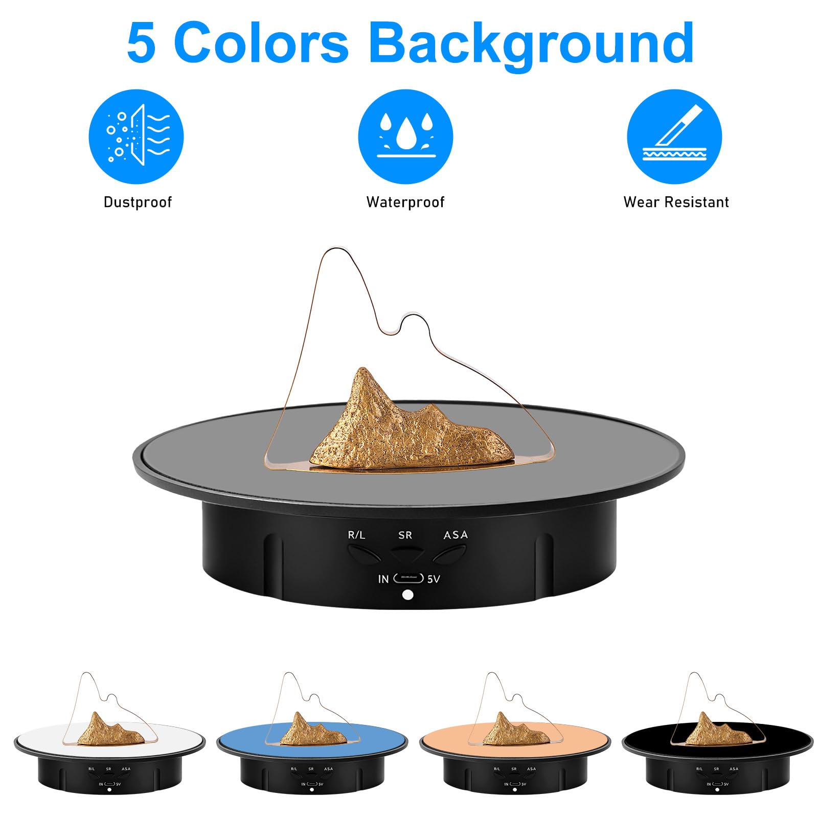 Piatto girevole elettrico per fotografia, 90/180 gradi, supporto girevole motorizzato con 5 sfondi, piatto girevole da 20 cm, supporto da tavolo 8 kg per video dal vivo, digitale, orologi (nero)
