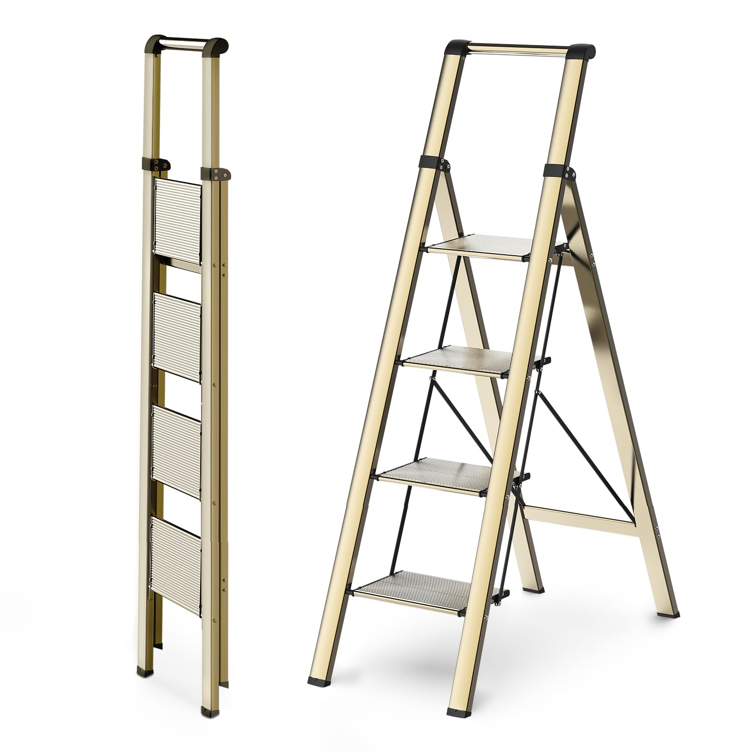 WOA WOA 4 Step Ladder, Ladders for Home, Anti-Slip Pedals, Aluminum Step Stool Foldable, Lightweight to Move, Ease of Storage, Reach 9ft for Closet Kitchen Library, Hold 300lbs - Gold