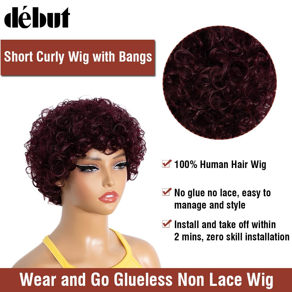 DÉBUT Short Curly Wig 100% Human Hair Wigs For Women Red Afro Curly Wig with Bangs Pixie Cut Wig Brazilian Remy Hair (8 inches, 99J) - Image 3