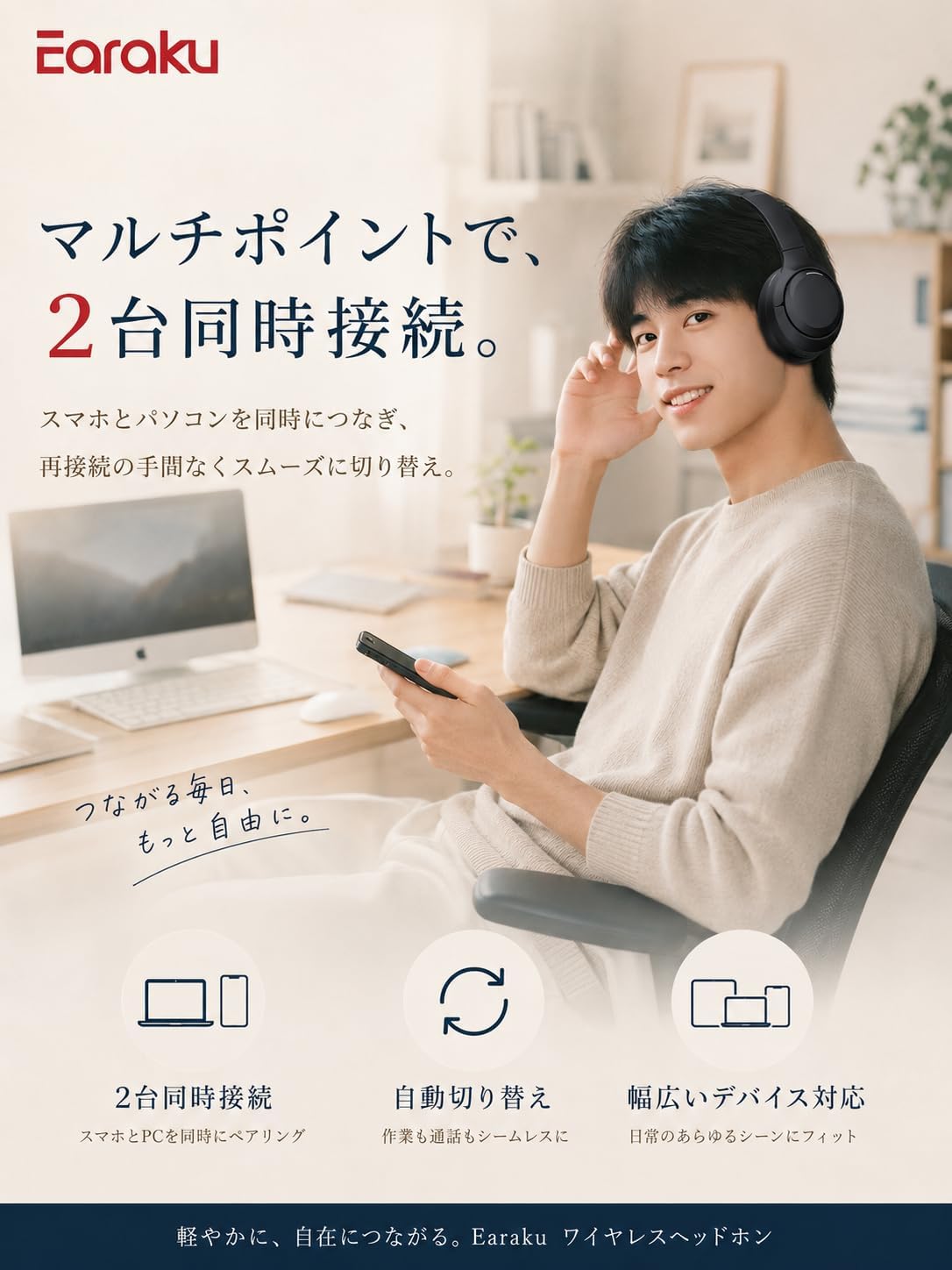 Earaku Wireless Headphones Bluetooth 5.4 ANC Noise Cancelling / Up to 60 Hours Playback / Multi-Point Support / Includes Storage Case / Wired & Wireless Compatible / Lightweight 265g Black 7