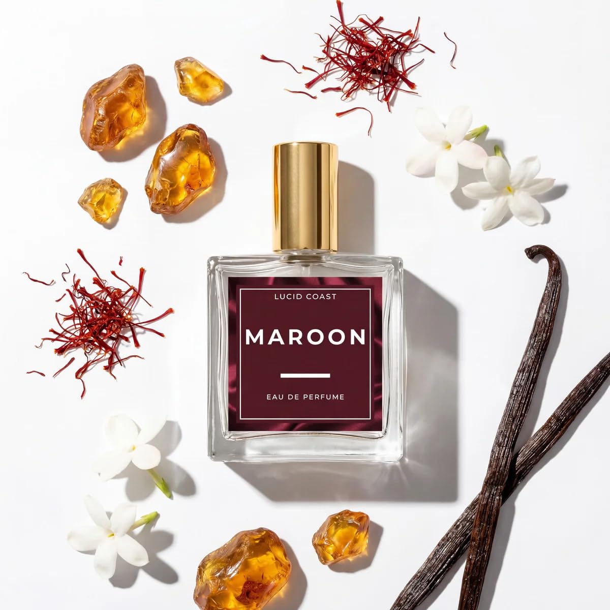 Lucid Coast Maroon Perfume – Ambery Saffron & Jasmine – Inspired by Baccarat Rouge 540 – Long Lasting Extrait Strength Fragrance – Notes of Cedarwood & Ambergris – Clean, Vegan & Cruelty Free