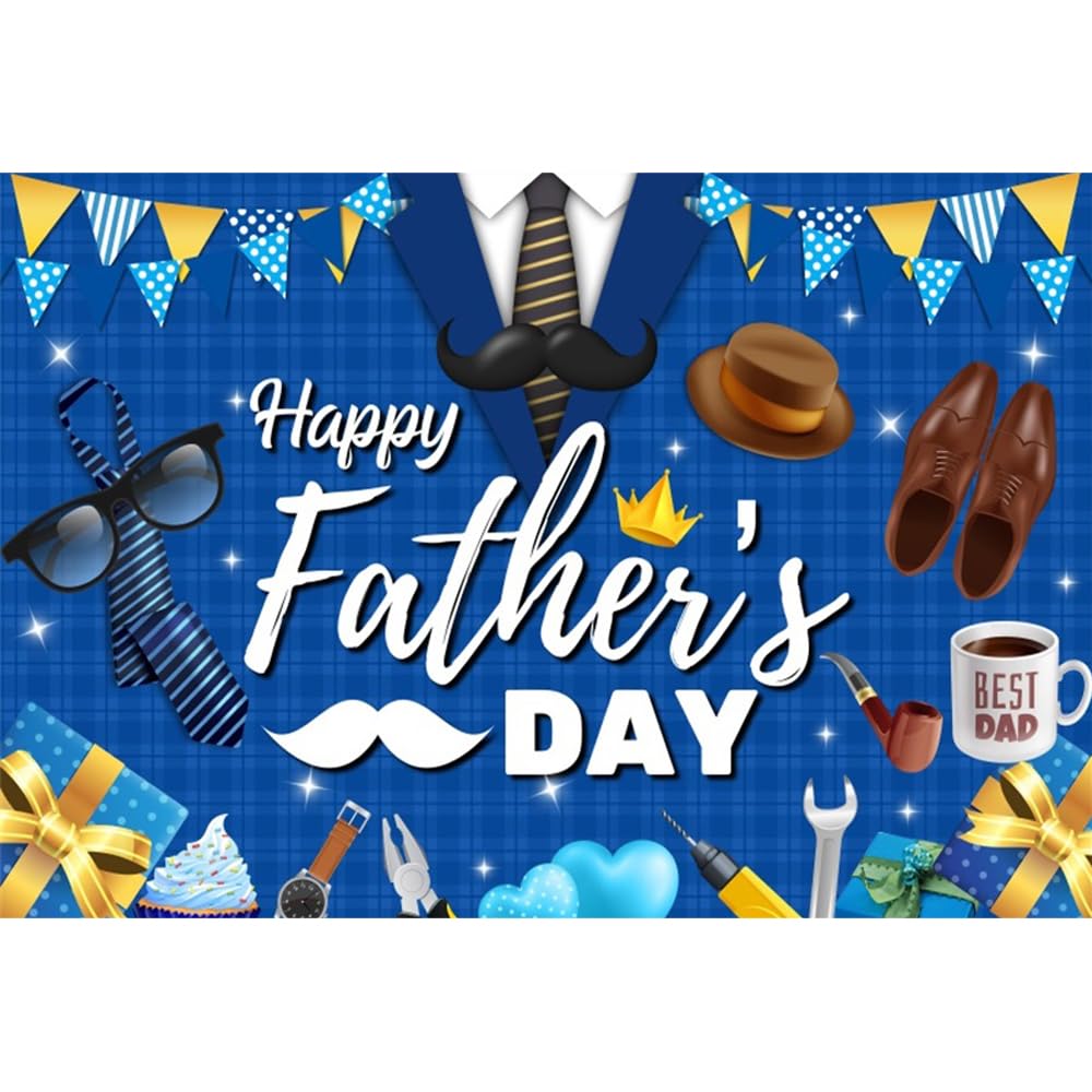 AOFOTO 7x5ft Blue Happy Father's Day Backdrop Father's Day Tuxedo Suit Mustache Eyeglass Necktie Background Backdrops Banner for Men Daddy Holiday