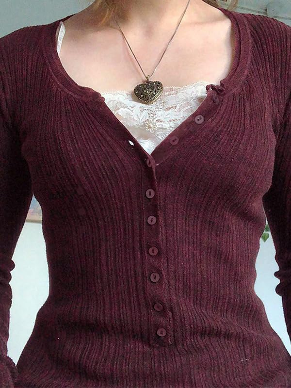 EMMIOL Lace Crop Button Up Shirts for Women Paneled Button Long Sleeve Knit Top Lightweight Slim Basic Knit Tunic Top Blouse: 2-wine Red XX-Large