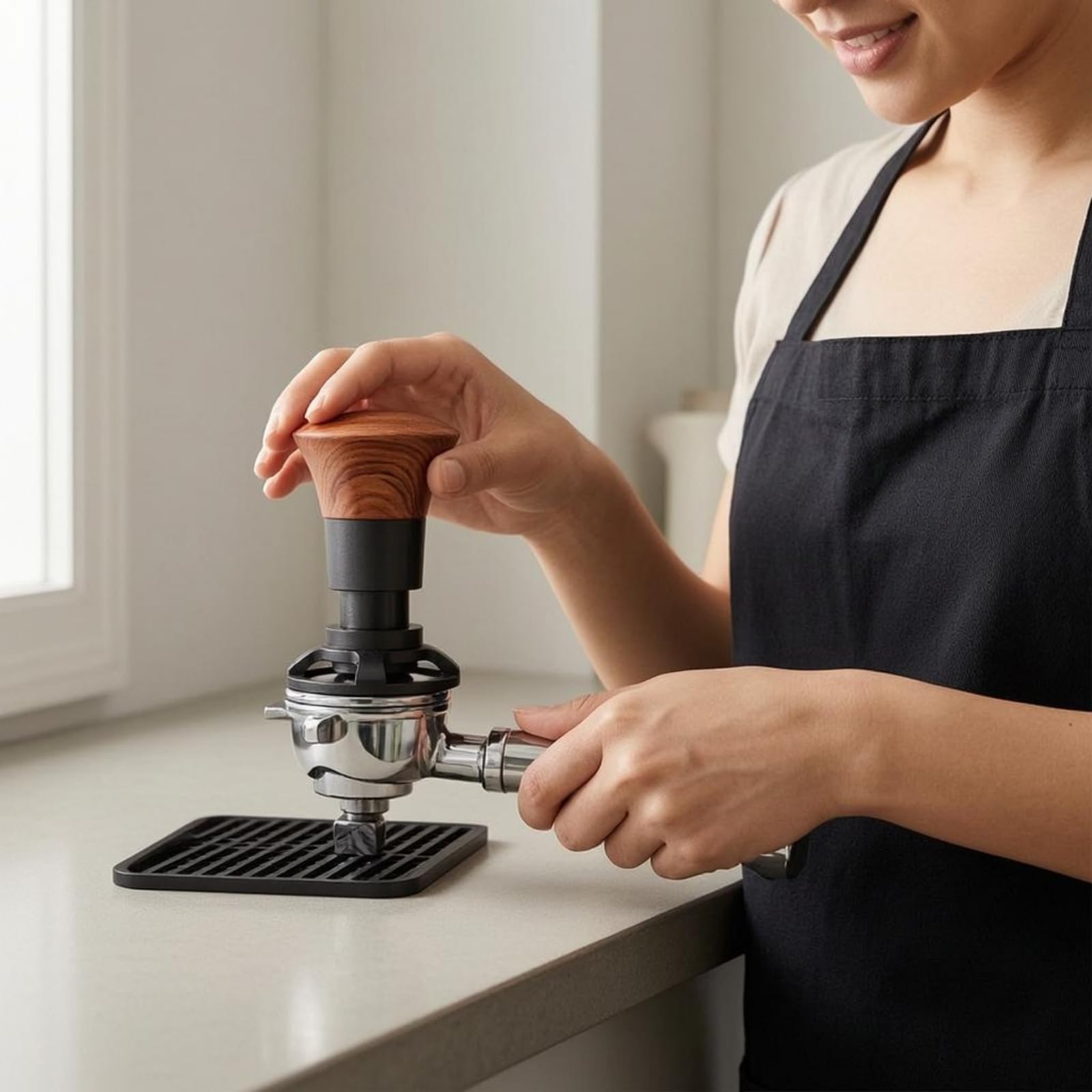 de Café Espresso Tamper dor Compresor Herramienta de Acero Inoxidable con Muelle de y Mango de Madera con Base Plana Adecuada para Baristas Oficinas Cocina Doméstica Estación de Café, 58mm