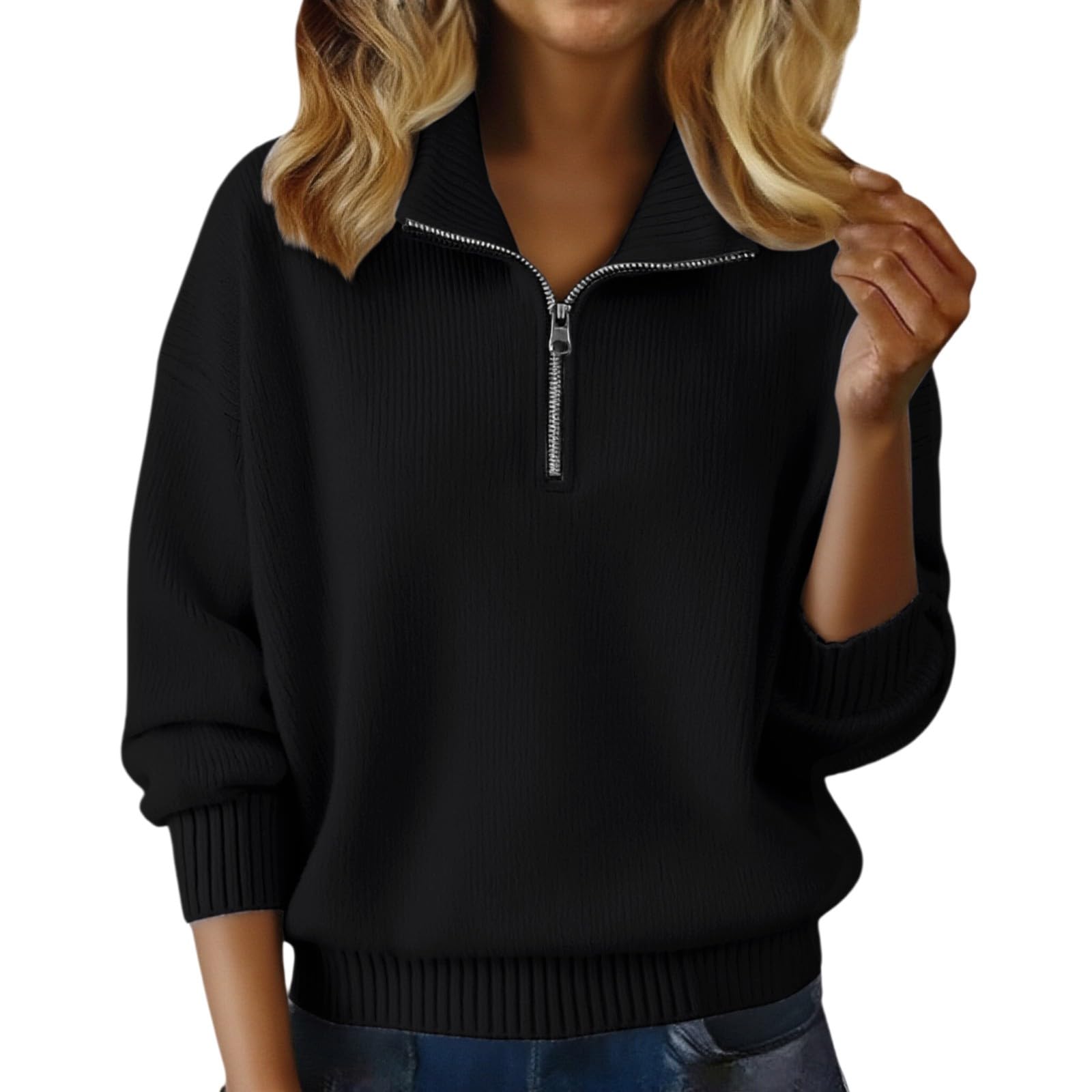 Jersey de punto acanalado con media cremallera para mujer, manga larga