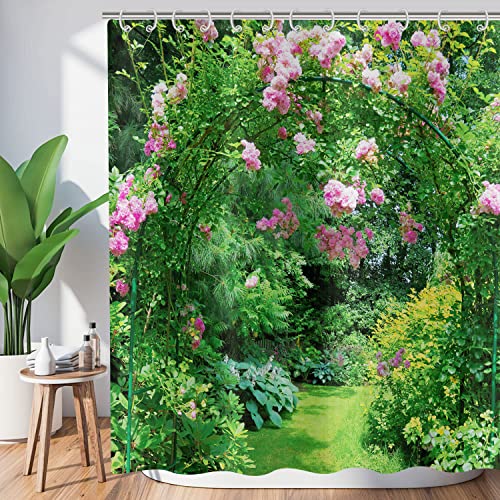 Hnmdmyi Tenda da doccia giardino 180x200, 3D floreale tende da doccia verde foglie rosa fiore italiano giardino paesaggio naturale tenda da bagno impermeabile poliestere tessuto tenda da bagno