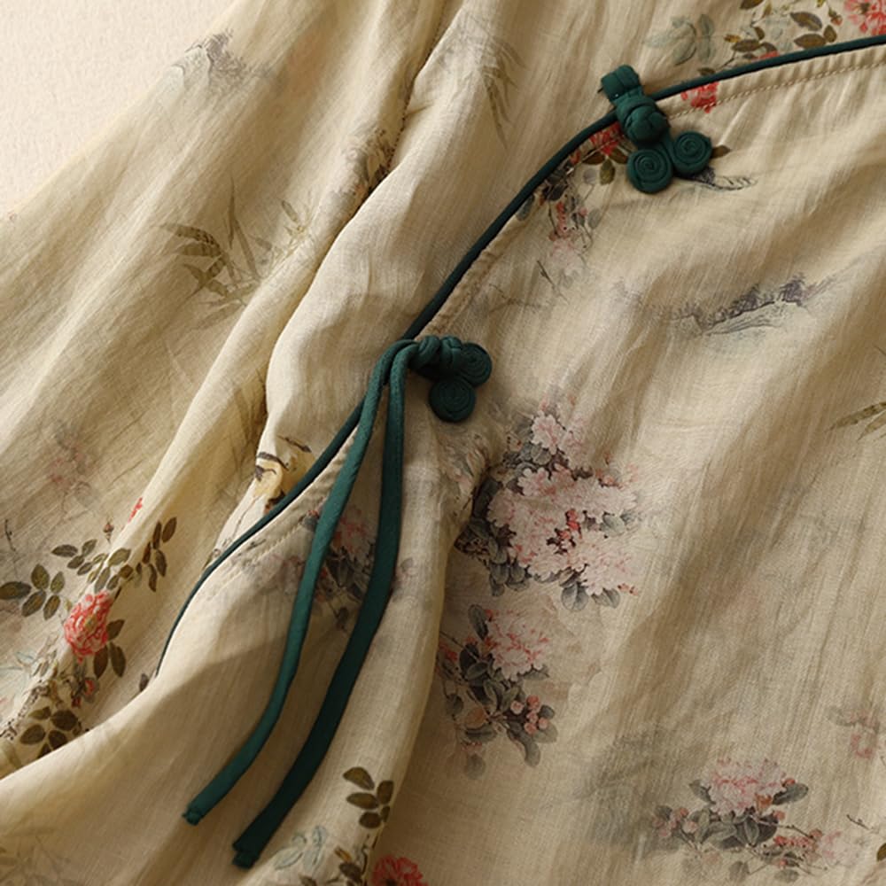 Chemisier chinois à manches 3/4 pour femme - Col mandarin traditionnel - Ethnique - Coton et lin - Qipao