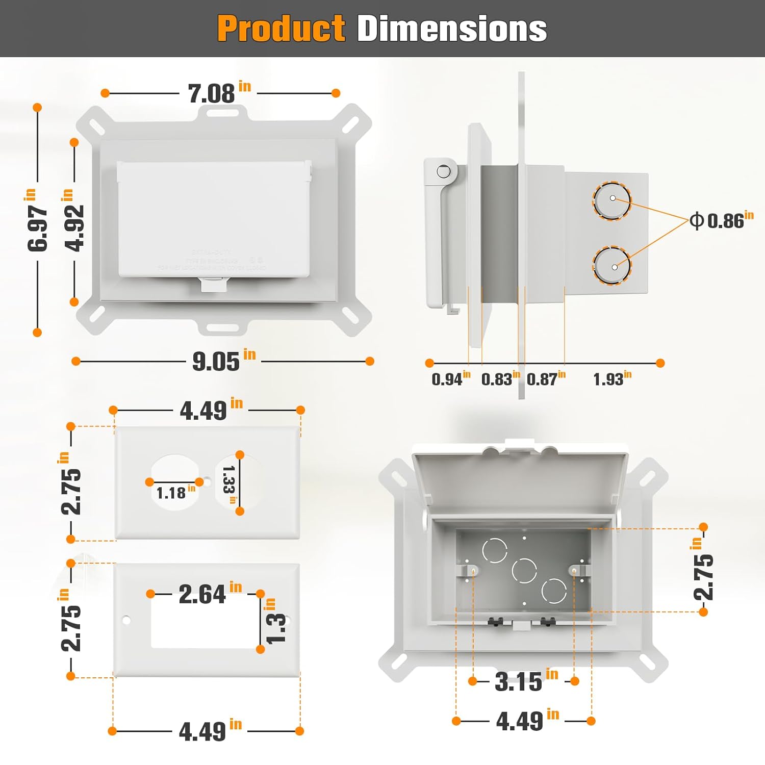 2 Pcs Recessed Outlet Box, DBHS1W-1 Low Profile Electrical Boxes, Wall Plate Kit for New Vinyl Siding, Duplex & Decorator Covers, 1-Gang, Horizontal, White