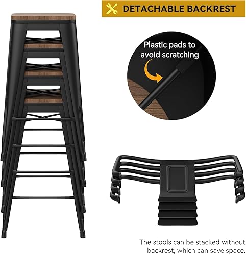 Miniatura 5 de HAOBO Home Juego de 2 taburetes de bar de metal de 24 pulgadas con parte superior de madera, respaldo bajo, color negro mate Negro -,Blanco