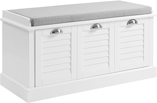 Crosley Furniture Ellison Banco de almacenamiento de entrada con cajón organizador de zapatos, blanco con cojín gris
