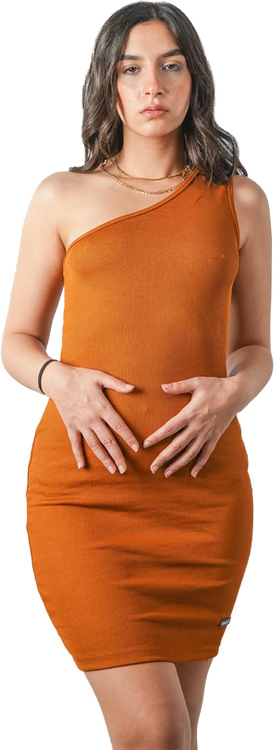 Plein de Vie Women’s One Shoulder Dress, 100% Pure Cotton, Plain & Elegant – Copper (UAE/KSA, Size L, Regular Fit)