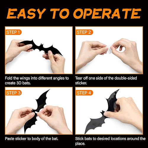 Miniatura 6 de 96 piezas de murciélagos 3D de Halloween 2023 actualizados, 5 tamaños diferentes para decoración de Halloween, suministros de fiesta de bricolaje,