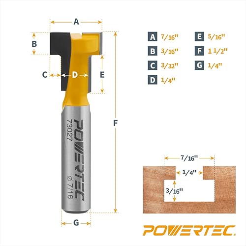 Miniatura 5 de POWERTEC Broca de router de pista T, broca de router con punta de carburo de tungsteno, vástago de 1/4 pulgadas, 7/16" de diámetro, pared