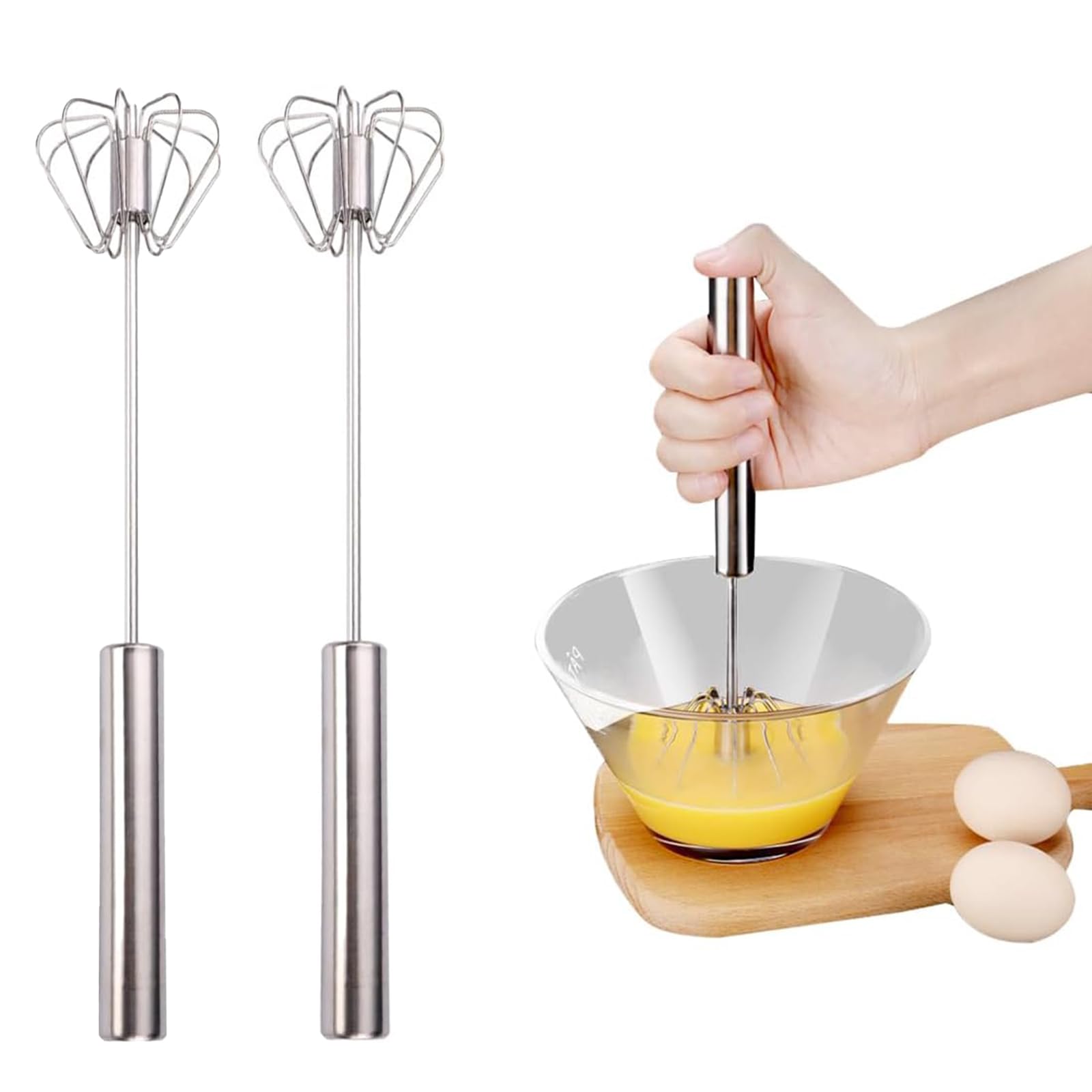 Uraoiac Stainless Steel Egg Whisk, Hand Push Rotary Whisk Blender, Versatile Milk Frother, Hand Push Mixer Stirrer for Blending, Whisking, Beating & Stirring,2pcs