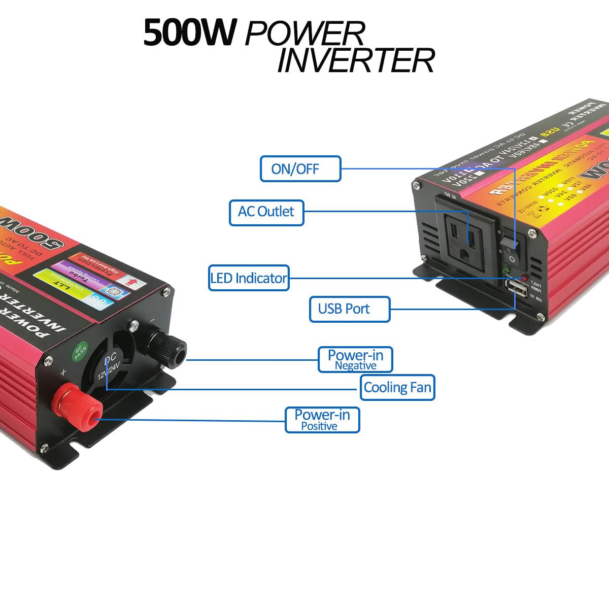 500W Car Power Inverter 12V/24V DC to 110V AC Converter with 1 AC Outlets & USB Port - Heavy-Duty Aluminum Alloy Compact Size for Laptop RV Truck Camping- Overheat/Overload/Short Circuit Protection