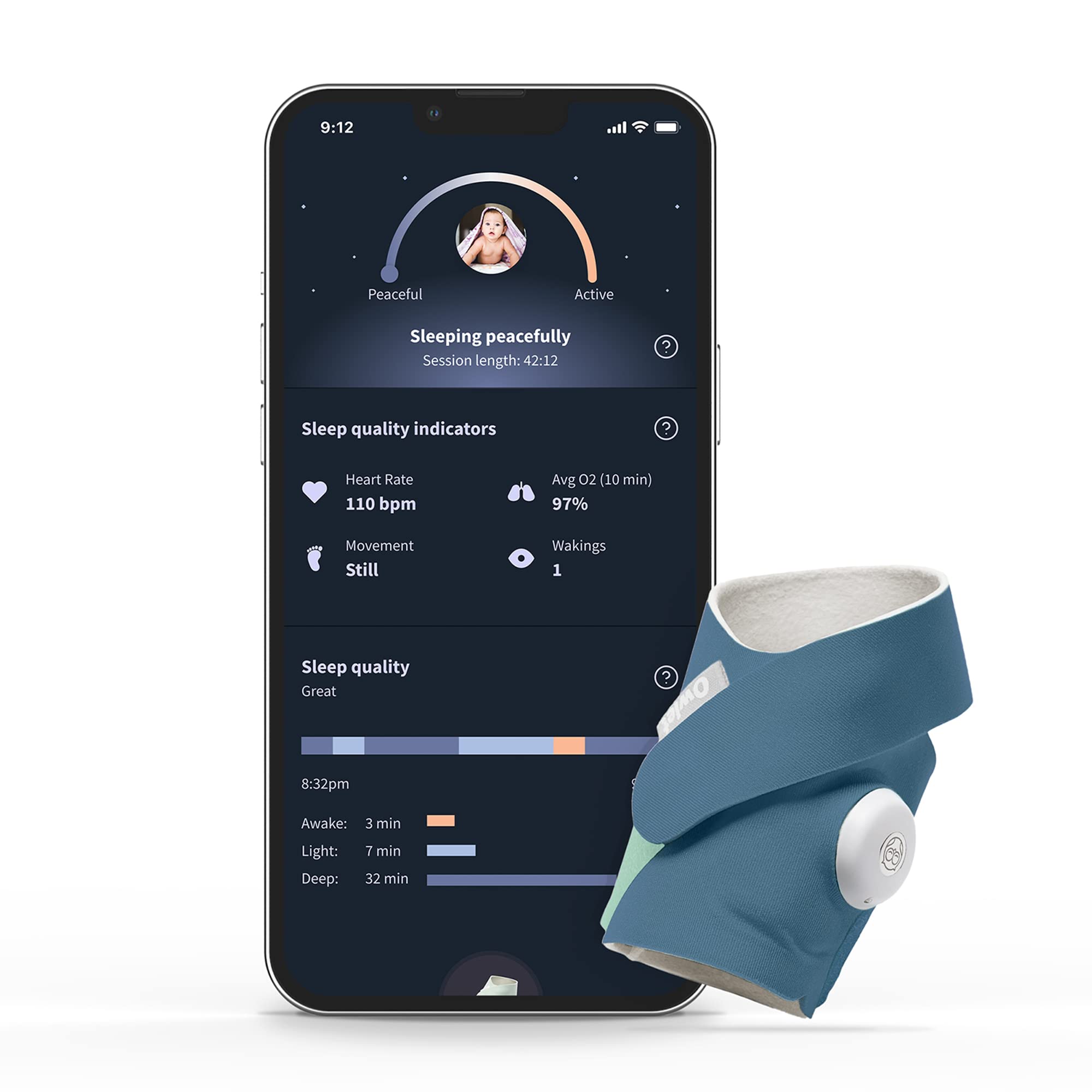 Owlet Dream Sock - Smart Baby Monitor with Heart Rate and Average Oxygen O2 as Sleep Quality Indicators, Bedtime Blue