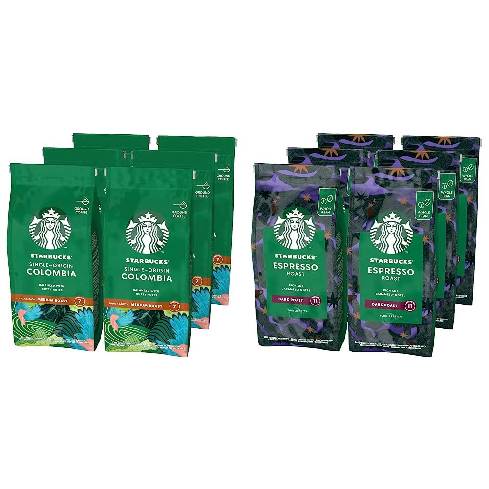 Starbucks Single Origin Colombia Café molido De Tostado Medio 6 Bolsa de 200g & Espresso Dark Roast Café De Grano Entero De Tostado Intenso 6 Bolsa de 200g