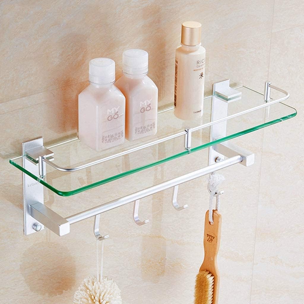 Bathroom Shelf Bathroom Single Pole Hook Combination Bathroom Frame Space Aluminum Glass Frame (Color : Silver, Size : 45cm) (Silver 40cm)