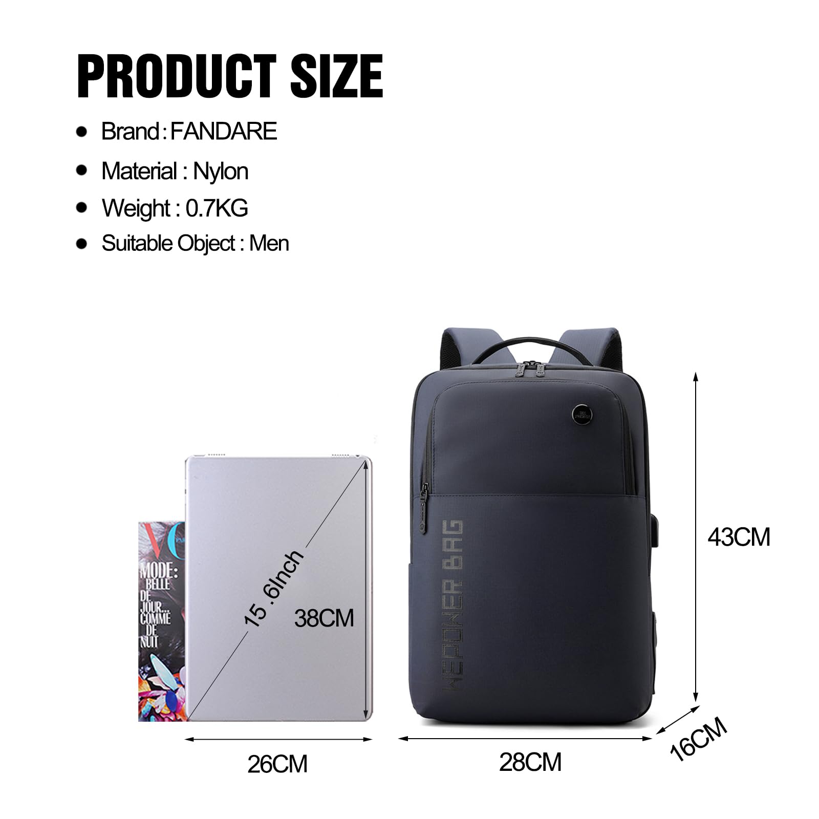 FANDARE Mochila Laptop Bolso de mano Mochila Mochila de viaje Multiusos Bolso de hombro Hombre Mujer PU film Mochila con USB Bolsos para Negocio Trabajo Diario Viaje Impermeable Mochila