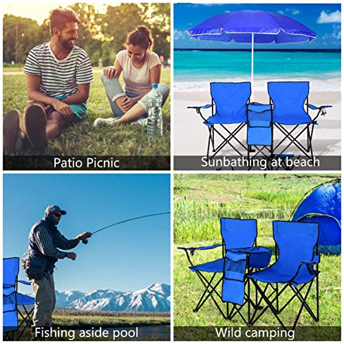 Goujxcy Portable Double Folding Picnic Chairs Beach Camping Chair W/Umbrella Mini Table Beverage Holder Carrying Bag For Beach Patio Pool Park Outdoor #TOP6