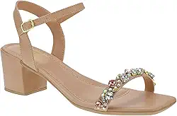Sandália Feminina de Pedraria Linda Salto Bloco Fivela com Ajuste Strass Bico Quadrado 030-100