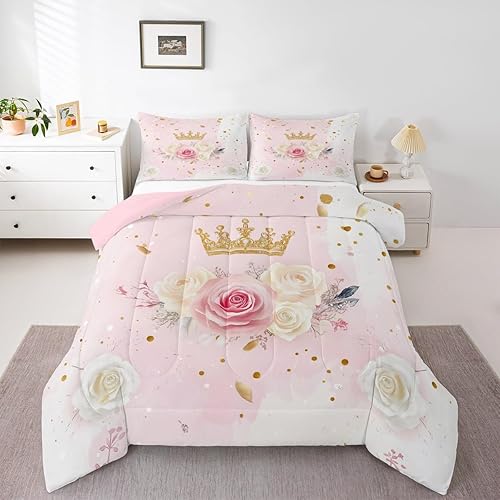 Erosebridal Juego de ropa de cama de princesa para niñas, tamaño individual, rosa rosa para mujer, juegos de ropa de cama y colecciones de flores