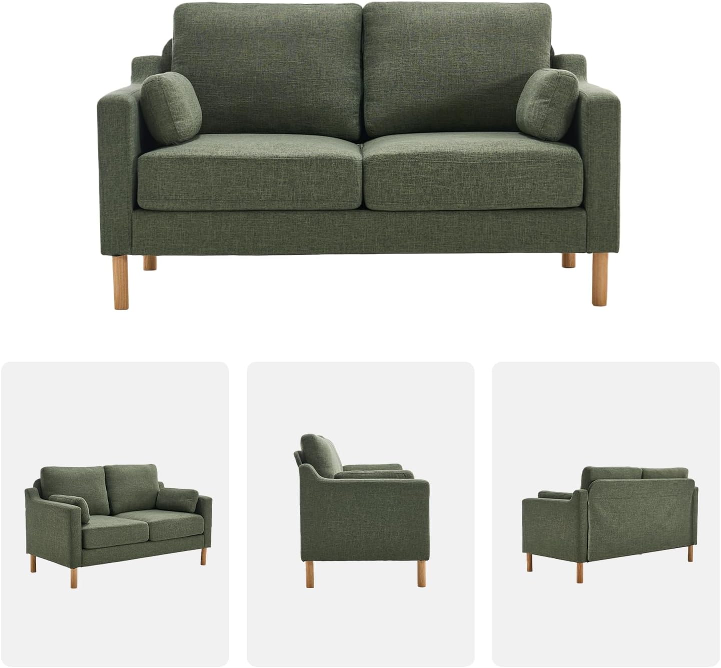 Tbfit 60" Linen Love Seat with Spring Cusions, Mid Century Modern Loveseat Sofa for Livingroom & Bedroom, Comfy Upholstered Small Couch, DarkGreen