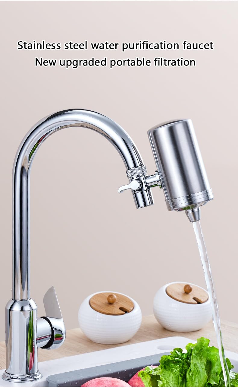 Filtre à Eau de Robinet en Acier Inoxydable, Filtration Eau Robinet avec 4 Filtres Inclus, en Deux Modes D'évacuation, Réduit le Chlore Métaux lourds