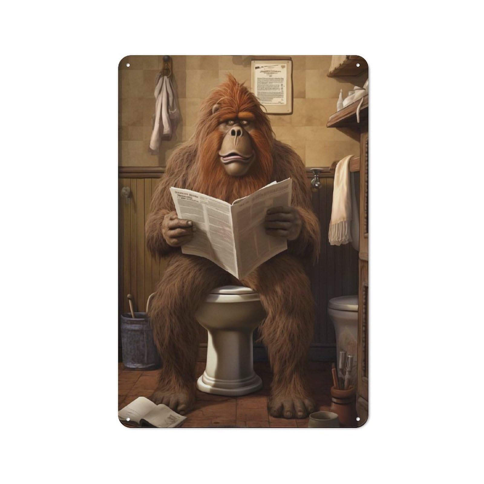 Junmoney Bigfoot Toilet Newspaper Tin Wall Plaque 30X20cm With For Garage Or Workshop, For Living Room, Hallway And Entrance Wall Decor