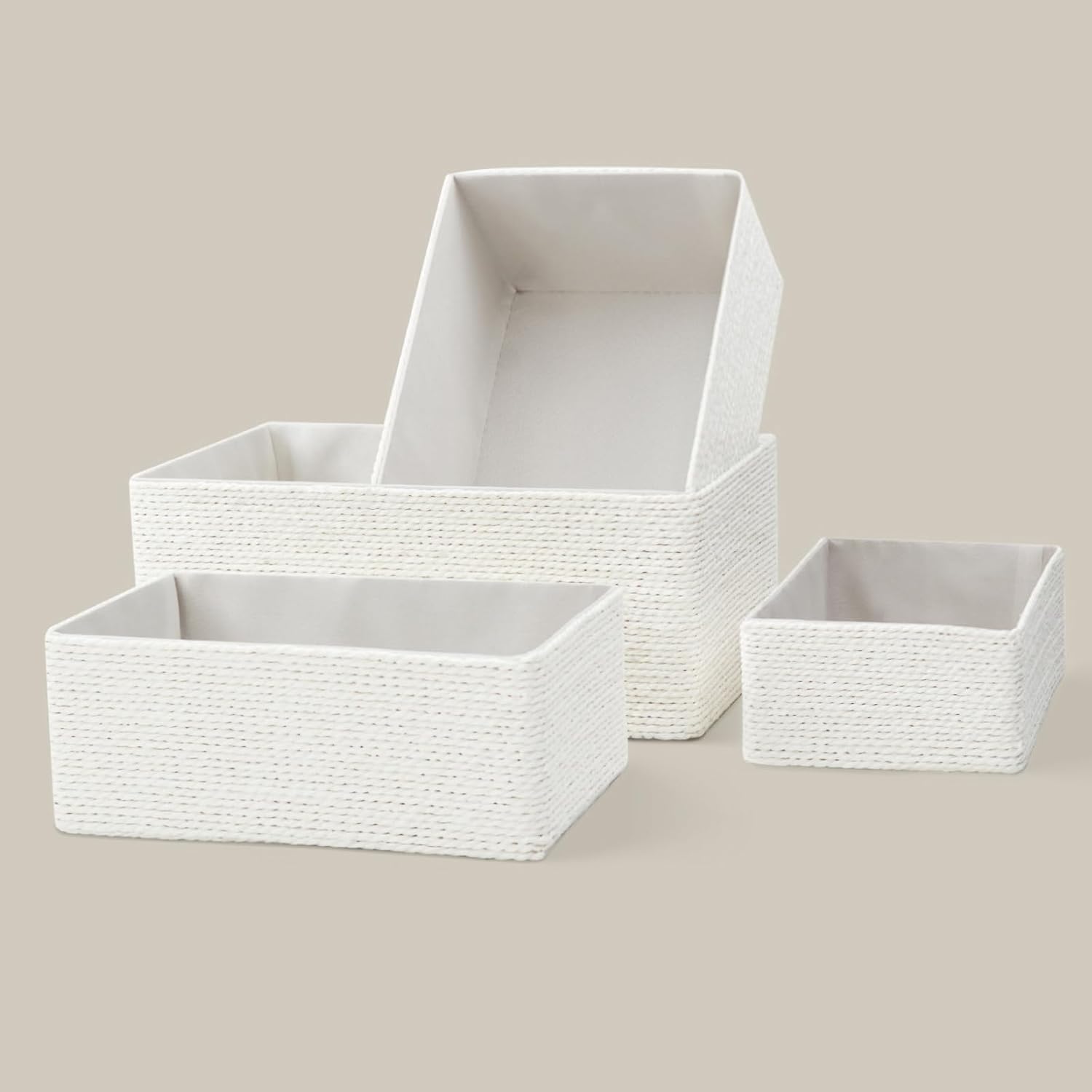 PROLAND Recycled Wicker Storage Basket, Paper Rope Storage Baskets for Organizing Container Bins for Shelves Cupboards Drawer, Small Woven Basket Set of 4 Milky Large