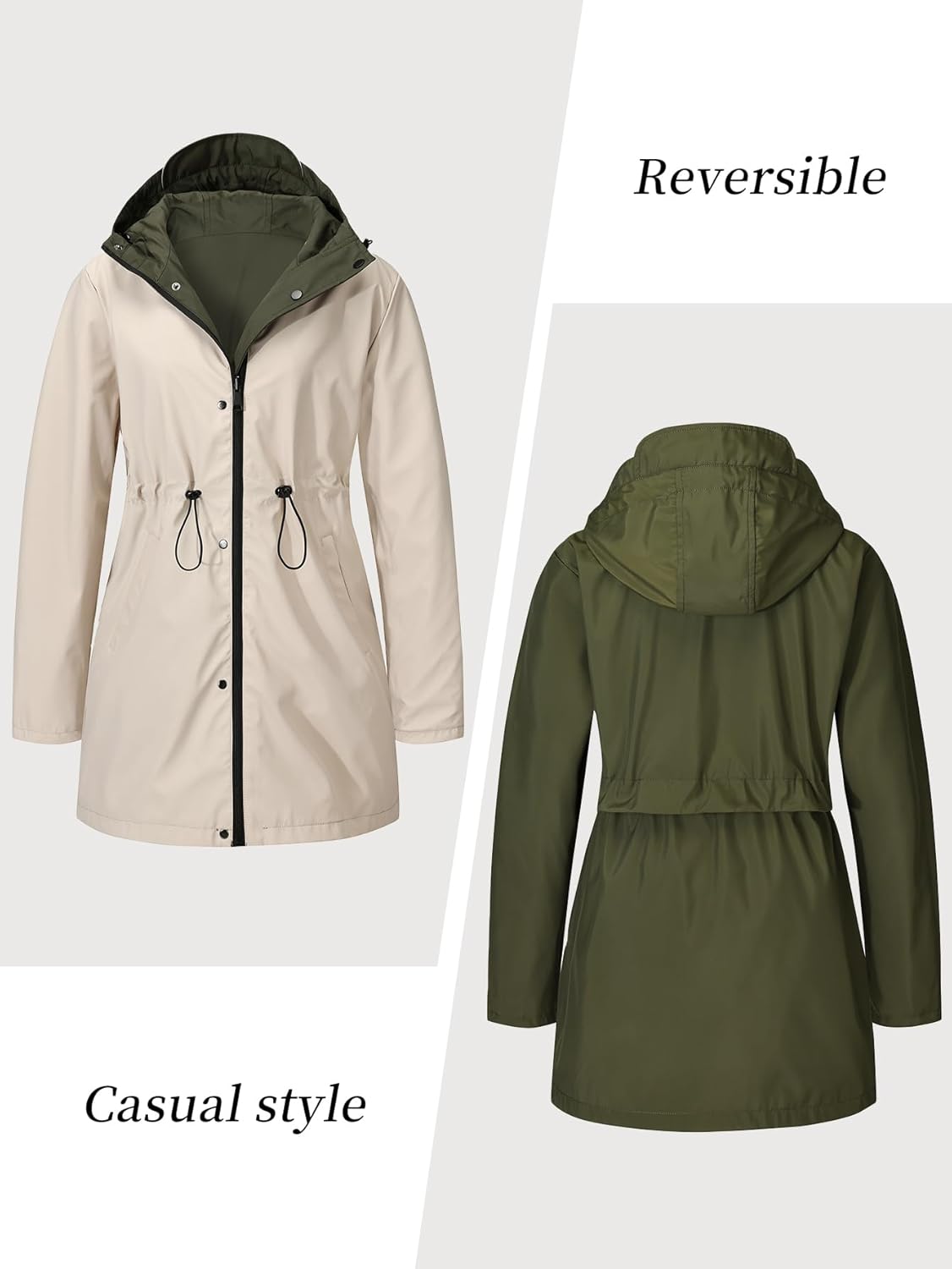 Women Reversible Trench Coat Lightweight Jacket Long Hooded Overcoat Windbreaker Outdoor Raincoat - Image 3