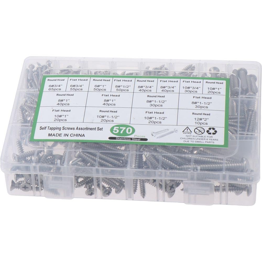 Philips - Set di 570 viti autofilettanti Philips a testa piatta in acciaio inox 304 con scatola portaoggetti, viti autofilettanti a testa svasata a croce con testa cilindrica, per dispositivi