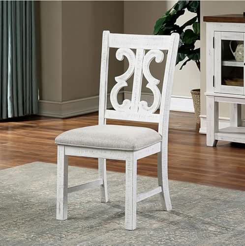 MASARA Farmhouse Dining Chair, Distressed White Wood with Gray Linen